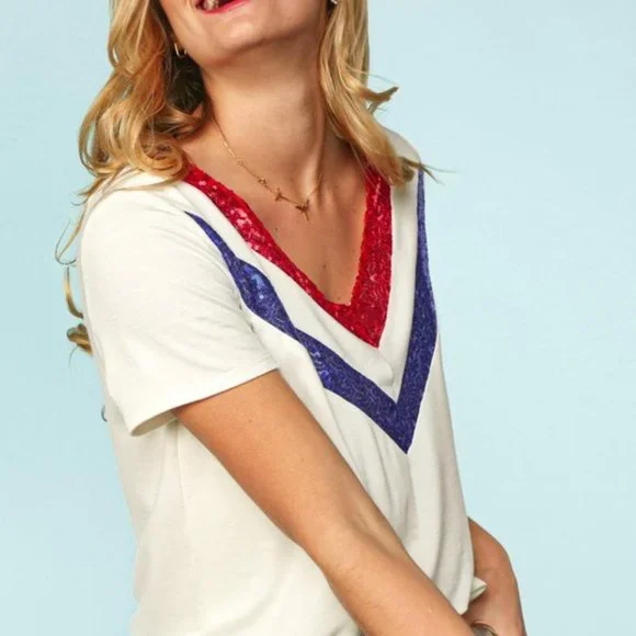 Red and Blue Sequin Neck Ivory Top - Picture 4 of 4